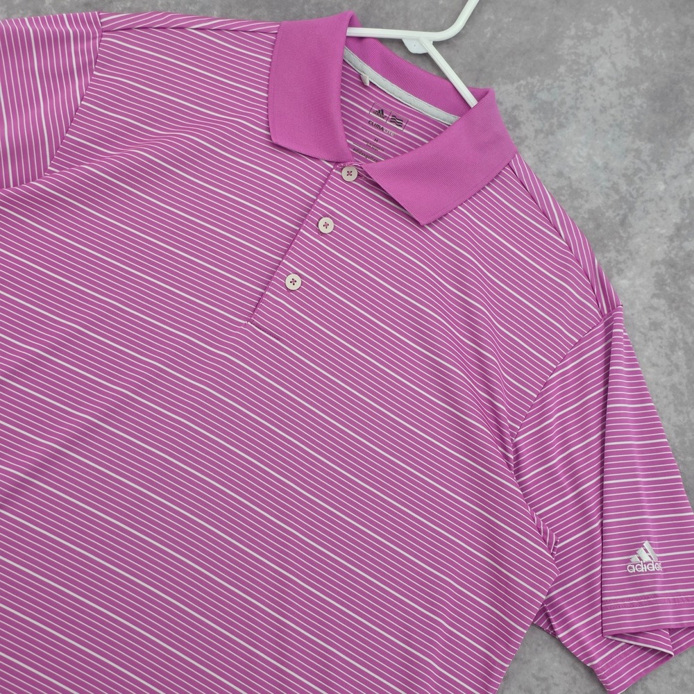 Adidas Mens M Golf Polo Shirt Athletic Short Sleeve Climalite Pink White Striped